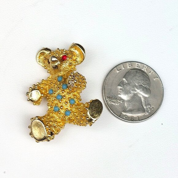 Vintage Gold-Tone Teddy Bear Brooch With Red Rhinestones Pinback Jewelry - Picture 4 of 5